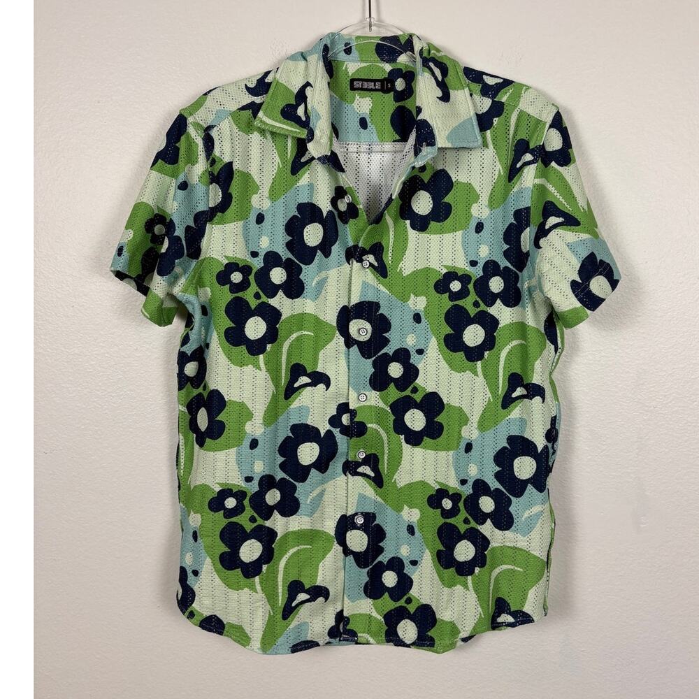 STEELE Short Sleeve Knit Mesh Floral Mod Short Sleeve Button Down Small